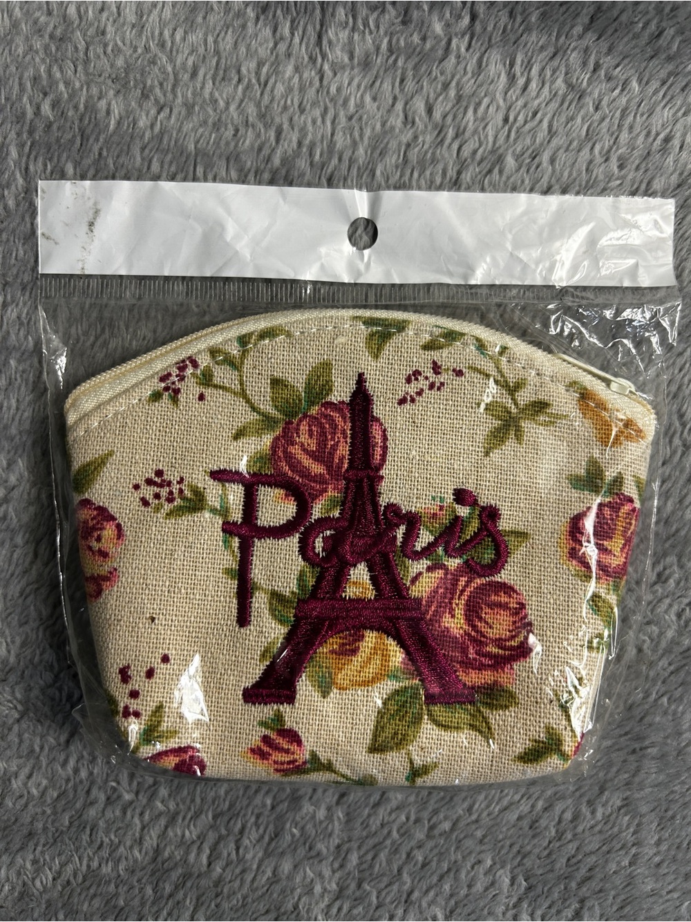 NWT Paris Floral Canvas Coin Purse - Cream with Pink Rose Embroidery